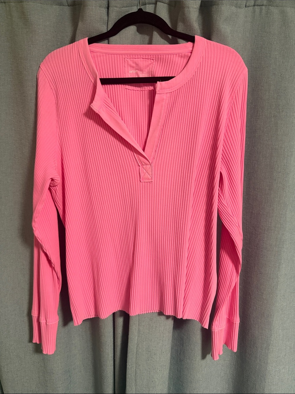 Aerie - Henley Bright Pink Ribbed Long-Sleeve Top - XXL